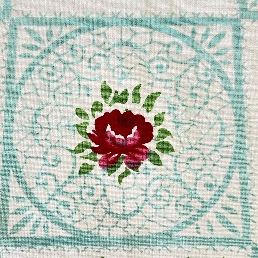 Vintage Aqua Red Printed Floral Cotton Tablecloth Six Napkins Set READ PLEASE - Picture 3 of 15